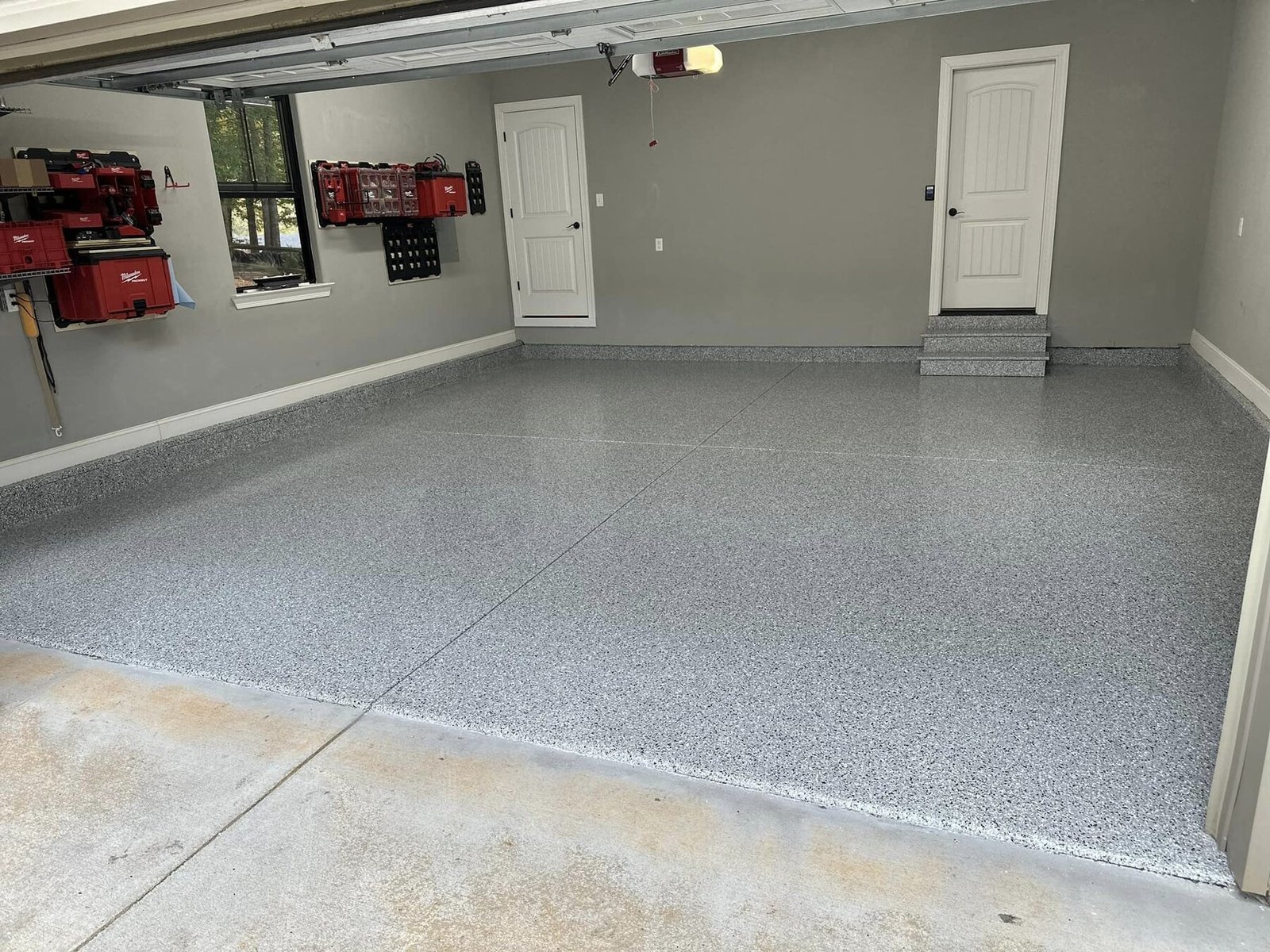 Finished gray flake epoxy garage floor
