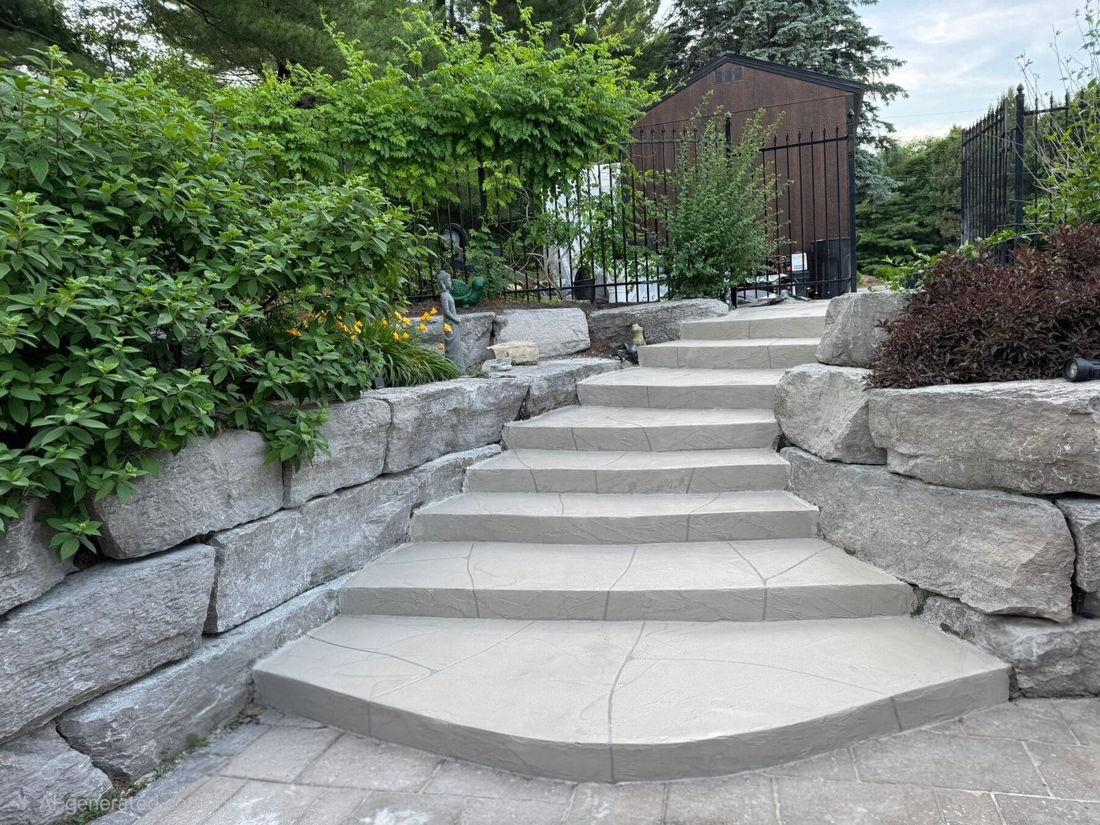 Decorative concrete steps integrated into a landscaped entrance